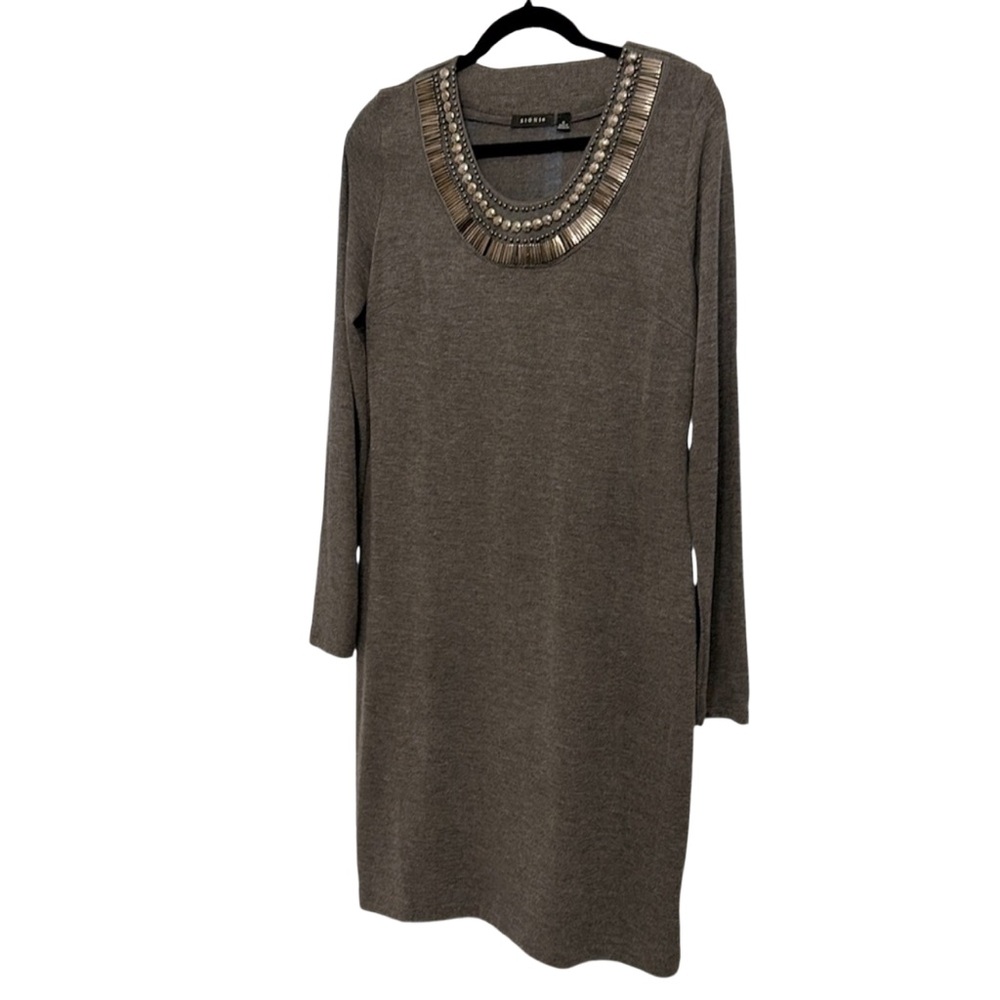 New SIONI Midi Sweater Dress Beaded Neckline Gray Medium NWT New with tags.